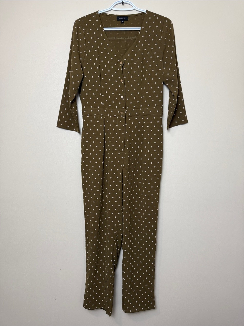 Roolee Olive Dot Button-Front Jumpsuit size M